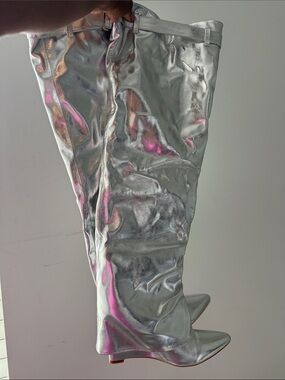 Silver Metallic Over-the-Knee Pointed Toe Boots